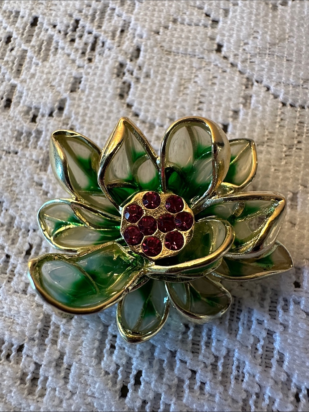 Green Enamel Flower Brooch with Pink Rhinestone Center